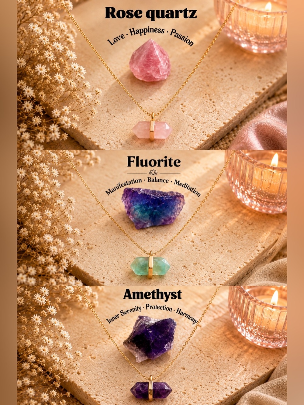 Gold or Silver Plated Crystal Point Necklace —Rose Quartz, Fluorite, or Amethyst